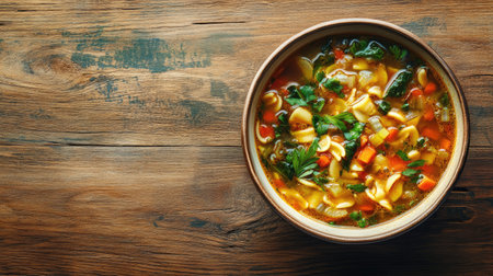 A warm bowl of minestrone soup filled with colorful vegetables and noodles, beautifully presented on a rustic wooden table, perfect for a comforting meal.の素材