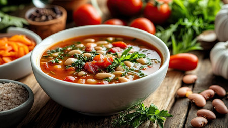 A fresh porcelain bowl brimming with colorful vegetable soup, featuring beans, tomatoes, and herbs, perfect for a healthy and comforting meal.の素材