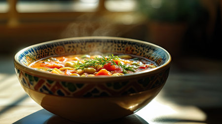 Capture the essence of warmth with this artistic close-up shot of minestrone soup, featuring fresh ingredients and a vibrant presentation. Perfect for culinary themes.の素材