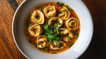 This enticing overhead shot features a plate of tortellini in a savory broth, garnished with fresh herbs. Perfect for showcasing Italian cuisine and comfort food.の素材
