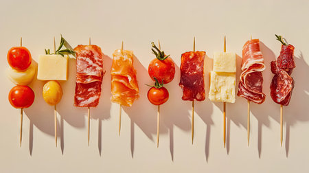Discover an elegant arrangement of vibrant Spanish skewers featuring assorted meats, cheeses, and fresh tomatoes, perfect for any culinary occasion or party.の素材