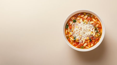 A wholesome bowl of minestrone soup featuring a rich broth filled with vegetables and pasta, topped with a sprinkle of parmesan cheese. Perfect for a cozy meal.の素材