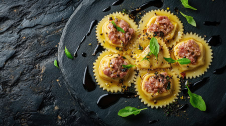 A stunning overhead view of gourmet ravioli served on a textured slate plate, garnished with fresh herbs and savory sauce, perfect for a culinary experience.の素材