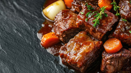 A tantalizing close-up shot of beef ribs served with carrots and herbs. This appetizing dish showcases rich flavors and a savory sauce, ideal for food enthusiasts.の素材