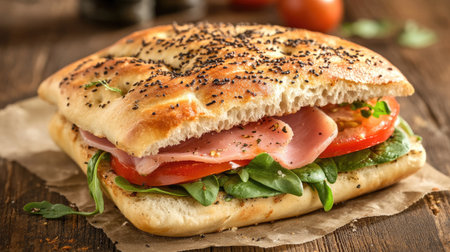 A mouthwatering close-up of a focaccia sandwich filled with fresh ingredients like tomato, greens, and ham, showcasing a rustic and appetizing look perfect for any food lover.の素材