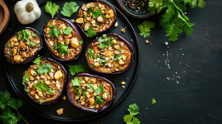 A vibrant and artistic arrangement of eggplant rounds topped with fresh herbs, garlic, and other ingredients, perfect for healthy meal presentations.の素材