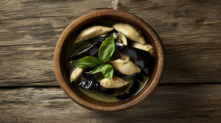 A top view of delicious chicken pieces garnished with fresh green herbs in a rustic wooden bowl, perfect for an appetizing meal presentation.の素材
