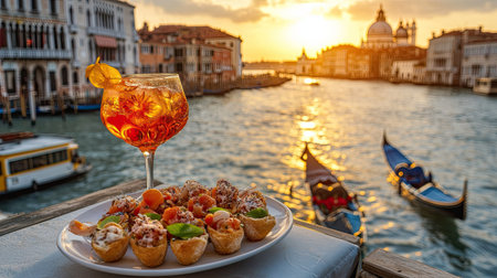 Enjoy a stunning sunset view over Venice, featuring an elegant arrangement of cicchetti on a plate and a refreshing cocktail. A perfect moment for food lovers.の素材