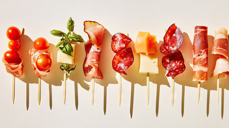 This beautiful arrangement showcases vibrant Spanish ingredients on skewers, perfect for appetizers or culinary showcases featuring fresh tomatoes, herbs, cured meats, and cheese.の素材