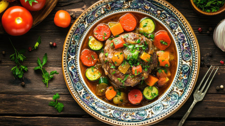 A top view of a delicious osso buco dish surrounded by vibrant vegetables. Perfect for showcasing culinary delights and rustic dining experiences.の素材
