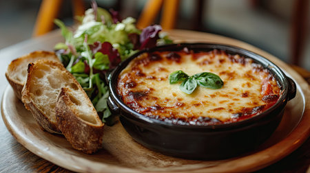 A beautiful serving of melanzane alla parmigiana, surrounded by fresh salad and rustic bread. Perfect for an Italian dining experience full of flavor.の素材