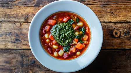A stunning overhead shot of vibrant minestrone soup topped with pesto, served in a rustic bowl, showcasing fresh ingredients and inviting colors.の素材