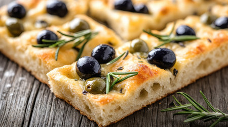 This enticing close-up image features delicious focaccia topped with black and green olives, seasoned with fresh rosemary on a rustic wooden surface.の素材