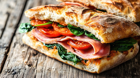 A close-up view of a delicious focaccia sandwich loaded with fresh tomatoes, spinach, and slices of ham, showcasing a rustic wooden backdrop.の素材
