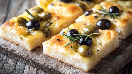A close-up view of enticing focaccia topped with olives and herbs, showcasing its golden texture and fresh ingredients, perfect for any culinary setting.の素材