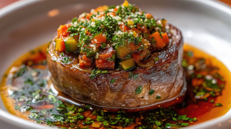 A close-up view of a delectable ossobuco dish, showcasing rich flavors and vibrant vegetables in a savory sauce. Perfect for food photography.の素材
