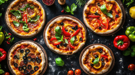 A stunning overhead shot of assorted pizzas showcasing vibrant colors and fresh ingredients. Perfect for food lovers and culinary enthusiasts.の素材