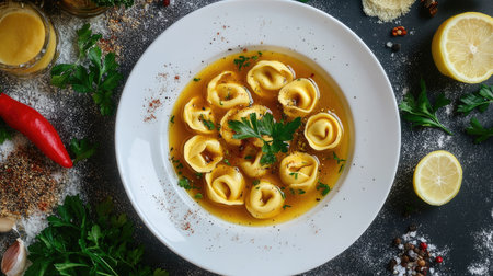 An enticing overhead shot of a plate of tortellini soup featuring fresh herbs, spices, and a slice of lemon, perfect for showcasing delicious Italian cuisine.の素材