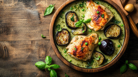A visually appealing presentation of Thai chicken served with grilled eggplant and fresh herbs on a rustic wooden table, perfect for an inviting dinner.の素材