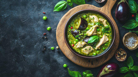 Delight in this inviting Thai chicken green curry, showcasing tender chicken and vibrant vegetables in a fresh and aromatic sauce. Perfect for sharing.の素材