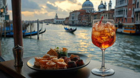 Enjoy cicchetti on a plate with a refreshing drink, set against a breathtaking Venetian sunset. A perfect combination of food and scenery.の素材
