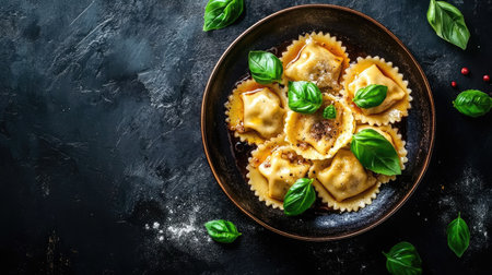 A visually appealing top-view image of a plate of ravioli garnished with fresh basil leaves. Ideal for representing gourmet Italian cuisine and dining experiences.の素材