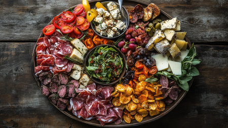 This inviting cicchetti platter features an array of cheeses, meats, and fresh vegetables, perfect for sharing at gatherings or festive occasions. Enjoy the vibrant colors and textures!の素材