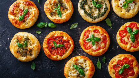 Discover a stunning overhead view of assorted mini focaccia, showcasing vibrant toppings and fresh herbs. Ideal for food lovers and culinary enthusiasts.の素材