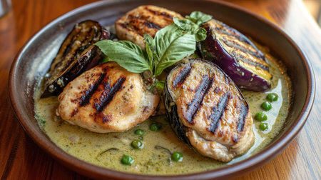An inviting presentation of grilled Thai chicken served with delicious eggplant and green peas, showcasing vibrant colors and fresh ingredients. Perfect for food lovers.の素材