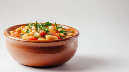 An inviting terracotta bowl filled with vibrant, colorful ingredients. This wholesome dish showcases fresh vegetables and garnished herbs, perfect for any meal.の素材