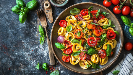 This vibrant overhead shot captures a colorful pasta dish with fresh tomatoes and aromatic basil, perfect for showcasing culinary creativity and appetizing presentation.の素材