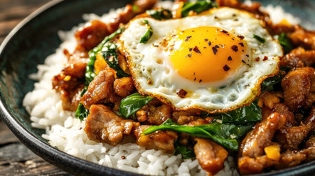 A vibrant dish featuring stir-fried basil and tender meat, topped with a perfectly cooked egg, served on a bed of fluffy rice. Perfect for food lovers!の素材