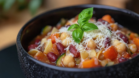 A close-up view of a black bowl filled with hearty minestrone soup, garnished with fresh basil and parmesan, highlighting vibrant ingredients in an inviting presentation.の素材