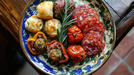 Discover an overhead view of a vibrant cicchetti platter, featuring a mix of meats and vegetables, perfect for gatherings and memorable dining experiences.の素材