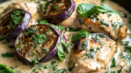 A mouthwatering close-up shot of a delicious Thai chicken dish, featuring tender chicken breast and vibrant eggplant, garnished with fresh basil. Perfect for food lovers!の素材