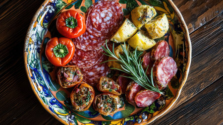 This overhead view showcases a vibrant cicchetti selection featuring various meats and fresh vegetables, perfect for any gathering or gourmet dining experience.の素材