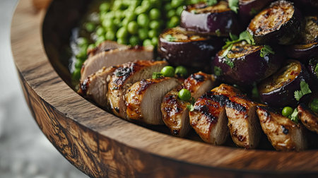 A stunning close-up of a wooden plate filled with grilled chicken, eggplant, and fresh peas, showcasing a vibrant and appetizing meal ideal for a gourmet dining experience.の素材