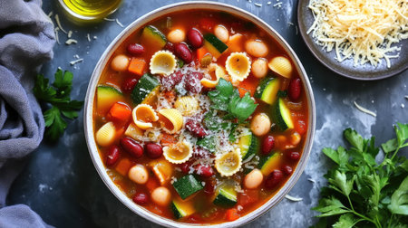 A vibrant overhead shot of a bowl filled with fresh minestrone soup, showcasing colorful vegetables, pasta, and herbs, perfect for a comforting meal.の素材
