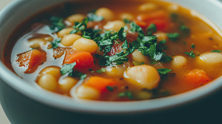 A close-up view of a delicious minestrone soup, featuring vibrant vegetables and fresh herbs. Perfect for a comforting meal or healthy recipe inspiration.の素材