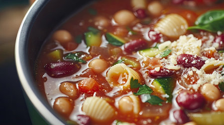 A close-up image of a colorful minestrone soup, showcasing vibrant vegetables, beans, and pasta in a rich broth. Perfect for culinary inspirations.の素材