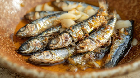A close-up view of marinated fried sardine fillets served in a rustic bowl. The dish showcases a golden, crispy texture with aromatic flavors, perfect for seafood lovers.の素材