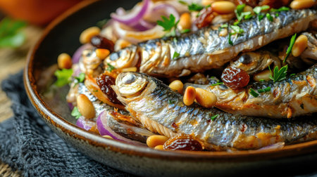 This close-up image showcases marinated sardines artfully arranged on a rustic plate, garnished with fresh herbs and pine nuts, highlighting vibrant colors and textures.の素材