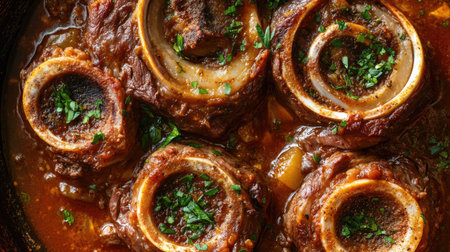 This close-up overhead shot showcases a delicious osso buco dish, featuring succulent meat surrounded by rich, flavorful sauce and fresh herbs. Perfect for food lovers!の素材