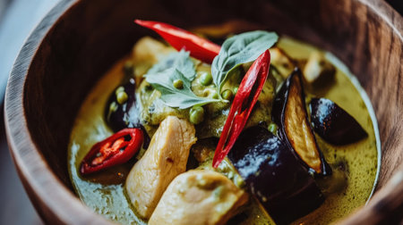 This close-up image showcases a wooden plate filled with vibrant Thai green curry, featuring chicken, fresh vegetables, and aromatic herbs. Perfect for culinary enthusiasts!の素材