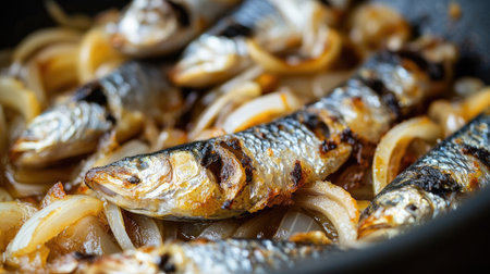 A tempting close-up of crispy sardines cooked with onions in a skillet, showcasing delicious flavors and appetizing textures for culinary enthusiasts.の素材