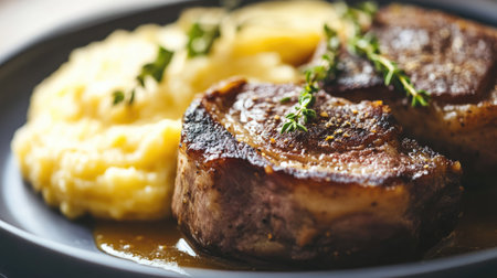 Enjoy a tempting plate of osso buco served with creamy mashed potatoes, garnished with fresh thyme for an inviting and flavorful dining experience.の素材