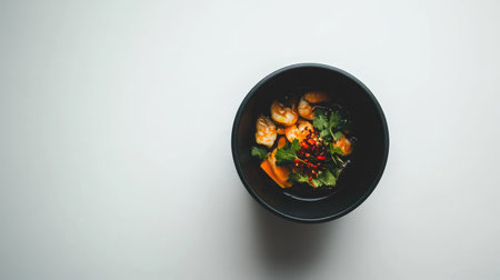 A close-up view of a vibrant Tom Yum Kung dish, showcasing shrimp, herbs, and spices in a flavorful broth, perfect for food lovers seeking comfort and freshness.の素材