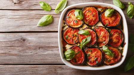 A beautiful flat dish of baked eggplant slices layered with fresh basil, showcasing a vibrant and appetizing presentation perfect for any meal or gathering.の素材