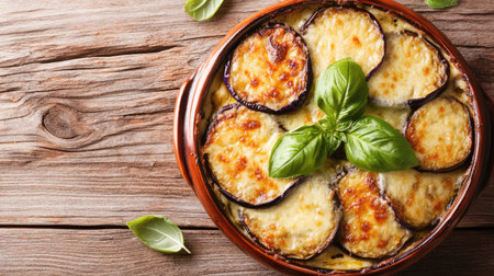 A delicious overhead shot of a baked eggplant dish garnished with fresh basil, perfect for showcasing vibrant flavors and healthy ingredients in culinary photography.の素材