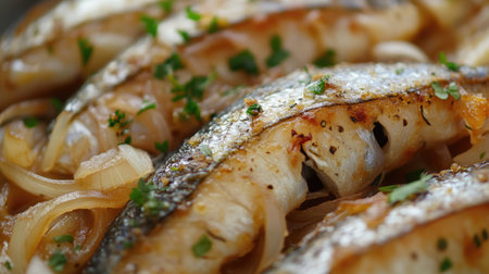 A close-up image of crispy sardines garnished with fresh herbs and onion, showcasing the delicious texture and vibrant colors that enhance this seafood dish.の素材